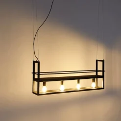 Industriële hanglamp zwart met hout en rek 4-lichts - Cage Rack
