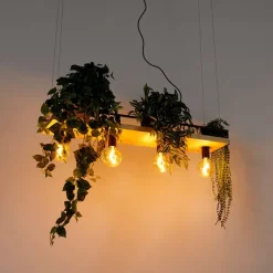 Industriële hanglamp zwart met hout 4-lichts - Shelf