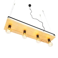 Industriële hanglamp zwart met hout 4-lichts - Shelf
