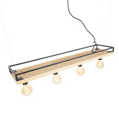 Industriële hanglamp zwart met hout 4-lichts - Shelf