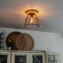 Industriële plafondlamp donkergrijs met hout - Arthur