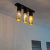 Industriële plafondlamp zwart met goud langwerpig 3-lichts - Raspi