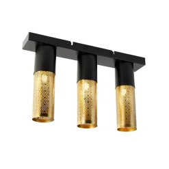Industriële plafondlamp zwart met goud langwerpig 3-lichts - Raspi