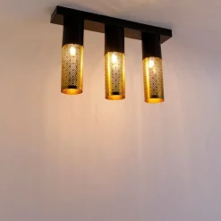 Industriële plafondlamp zwart met goud langwerpig 3-lichts - Raspi