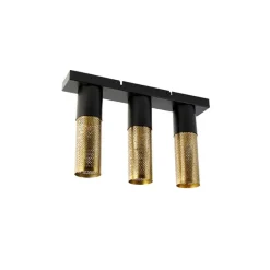 Industriële plafondlamp zwart met goud langwerpig 3-lichts - Raspi