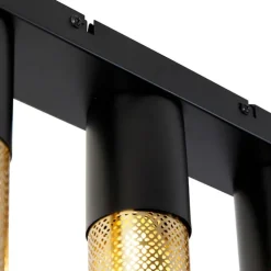 Industriële plafondlamp zwart met goud langwerpig 3-lichts - Raspi