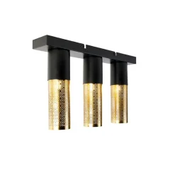 Industriële plafondlamp zwart met goud langwerpig 3-lichts - Raspi