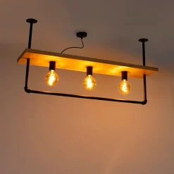 Industriële plafondlamp zwart met hout 3-lichts - Shelf