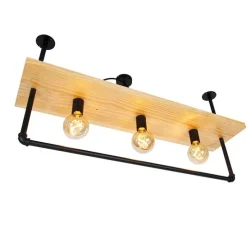 Industriële plafondlamp zwart met hout 3-lichts - Shelf