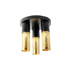 Industriële plafondlamp zwart met goud rond 3-lichts - Raspi