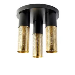 Industriële plafondlamp zwart met goud rond 3-lichts - Raspi