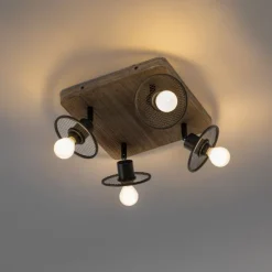 Industriële plafondspot zwart met hout 4-lichts - Jasmijn