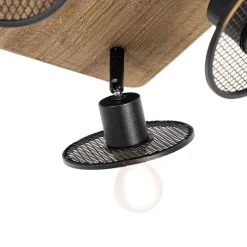 Industriële plafondspot zwart met hout 4-lichts - Jasmijn