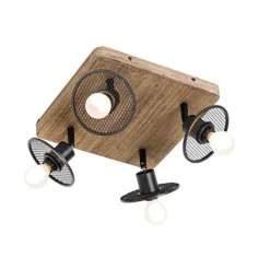Industriële plafondspot zwart met hout 4-lichts - Jasmijn