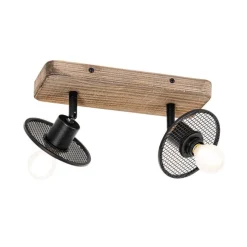 Industriële plafondspot zwart met hout 2-lichts - Jasmijn