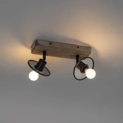 Industriële plafondspot zwart met hout 2-lichts - Jasmijn
