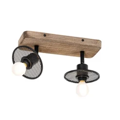 Industriële plafondspot zwart met hout 2-lichts - Jasmijn