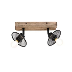 Industriële plafondspot zwart met hout 2-lichts - Jasmijn