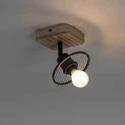 Industriële plafondspot zwart met hout - Jasmijn