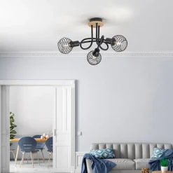 Industriële plafondspot zwart met hout 3-lichts - Winsten