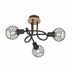Industriële plafondspot zwart met hout 3-lichts - Winsten