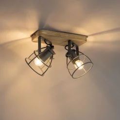 Industriële spot donkergrijs met hout verstelbaar 2-lichts - Arthur