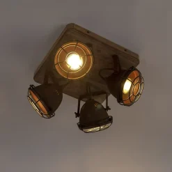 Industriële spot roestbruin met hout kantelbaar 4-lichts - Gina