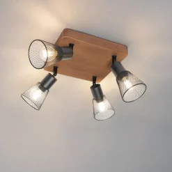 Industriële spot zwart met hout 4-lichts - Kristina