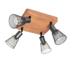 Industriële spot zwart met hout 4-lichts - Kristina