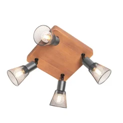 Industriële spot zwart met hout 4-lichts - Kristina