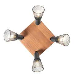 Industriële spot zwart met hout 4-lichts - Kristina