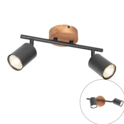 Industriële spot zwart met hout kantelbaar 2-lichts - Jeana