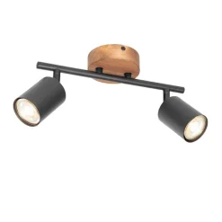 Industriële spot zwart met hout kantelbaar 2-lichts - Jeana