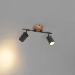 Industriële spot zwart met hout kantelbaar 2-lichts - Jeana