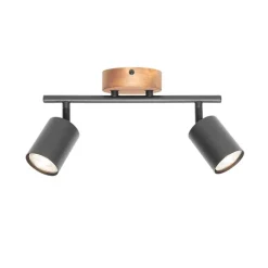Industriële spot zwart met hout kantelbaar 2-lichts - Jeana