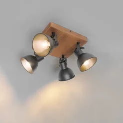 Industriële spot zwart met hout kantelbaar 4-lichts - Tommy