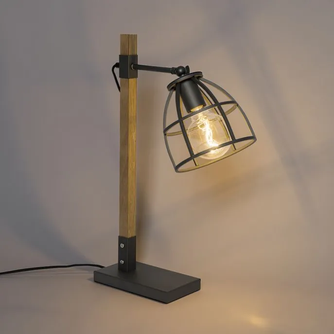 Industriële tafellamp donkergrijs met hout - Arthur
