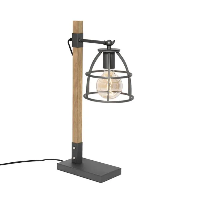 Industriële tafellamp donkergrijs met hout - Arthur