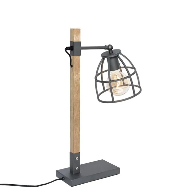 Industriële tafellamp donkergrijs met hout - Arthur