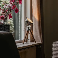 Industriële tafellamp tripod staal met hout kantelbaar - Emado
