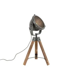 Industriële tafellamp tripod staal met hout kantelbaar - Emado