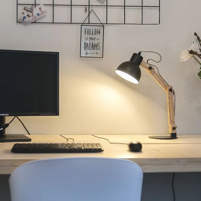 Industriële tafellamp zwart met hout - Woodi