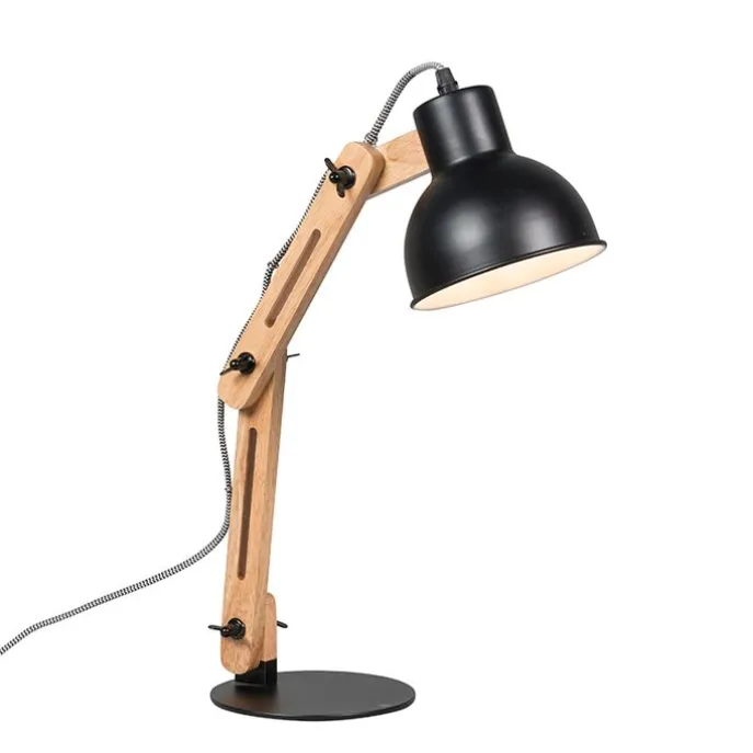 Industriële tafellamp zwart met hout - Woodi