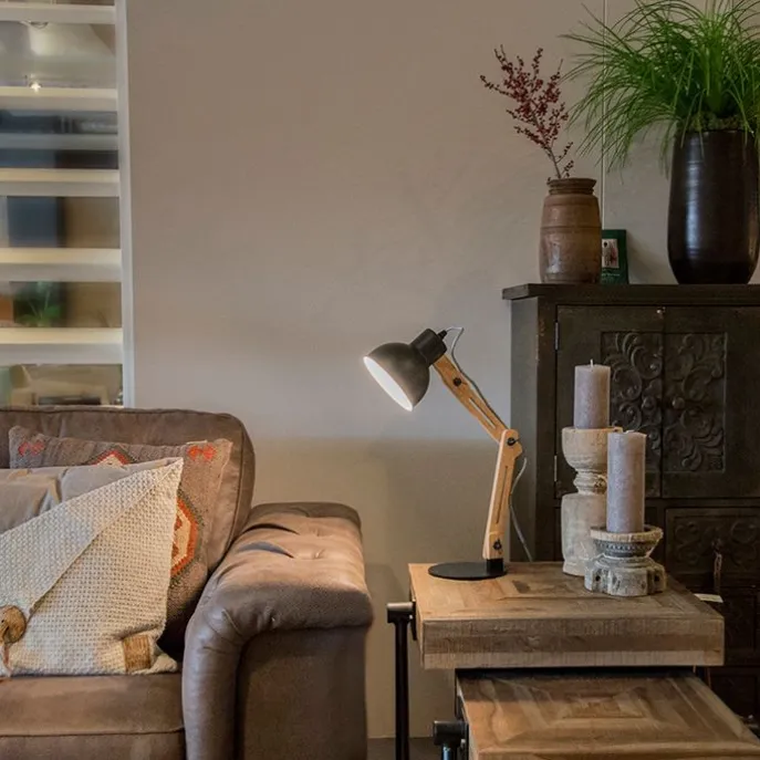 Industriële tafellamp zwart met hout - Woodi
