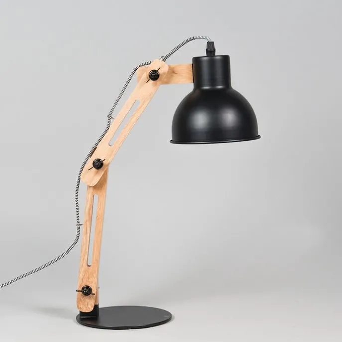 Industriële tafellamp zwart met hout - Woodi