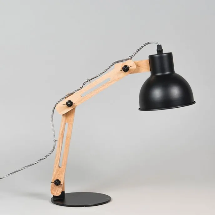 Industriële tafellamp zwart met hout - Woodi