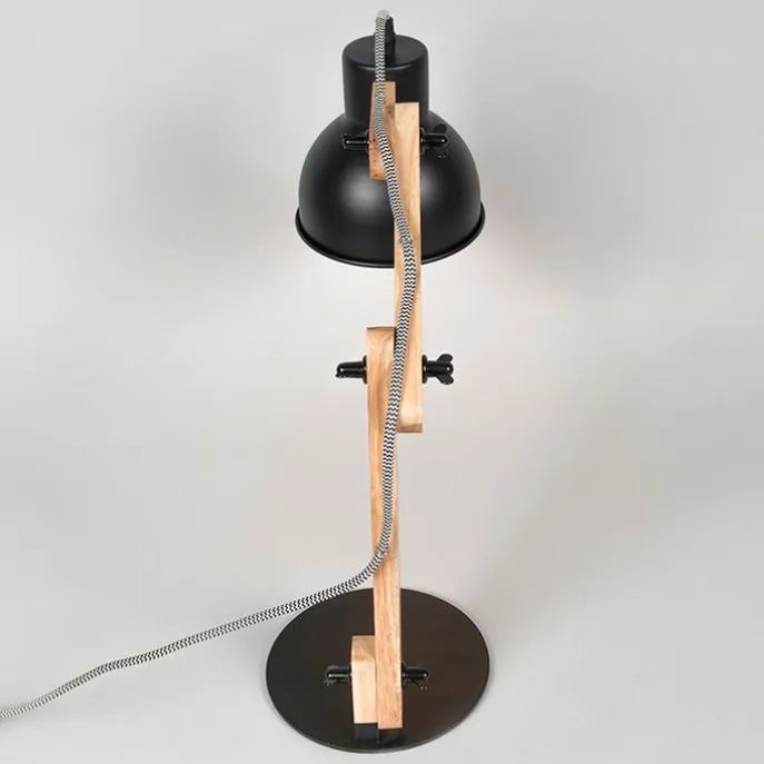 Industriële tafellamp zwart met hout - Woodi