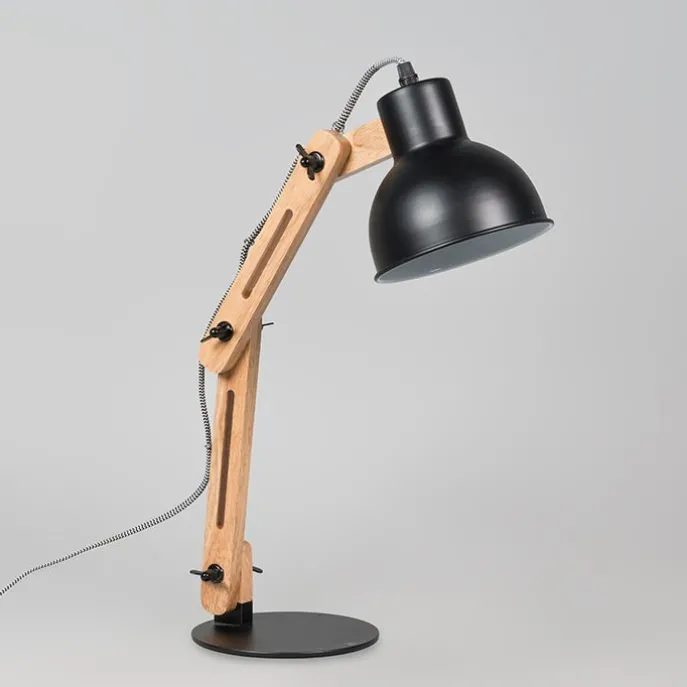 Industriële tafellamp zwart met hout - Woodi