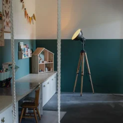 Industriële tripod vloerlamp zwart met hout - Mangoes