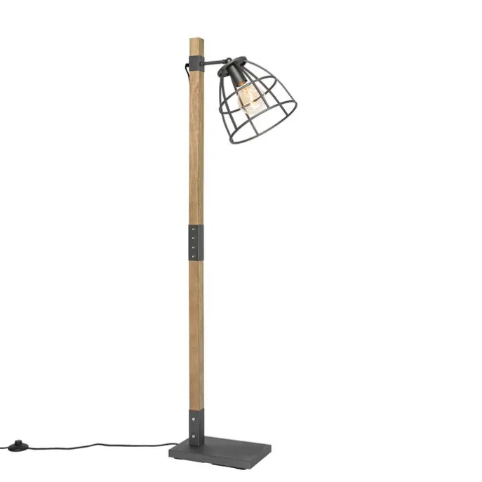 Industriële vloerlamp donkergrijs met hout - Arthur